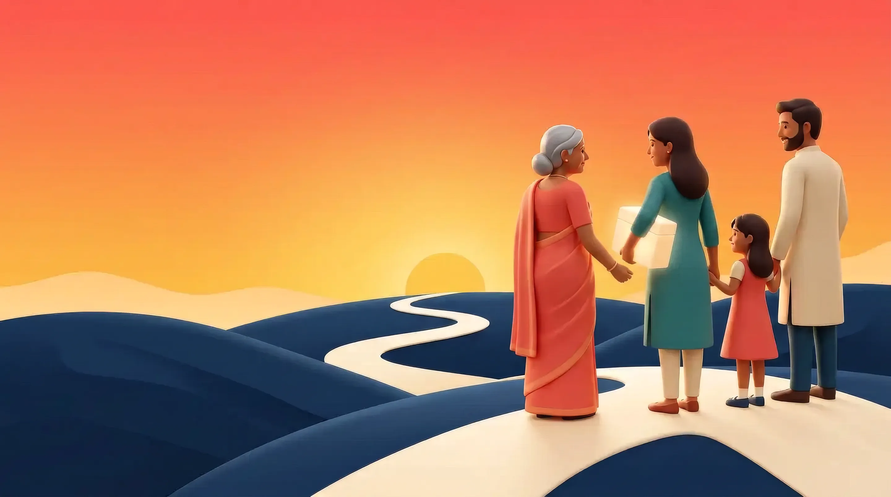 Illustration: a grandmother, mother, young daughter and father together on a winding path at sunrise, the mother holding a glowing box